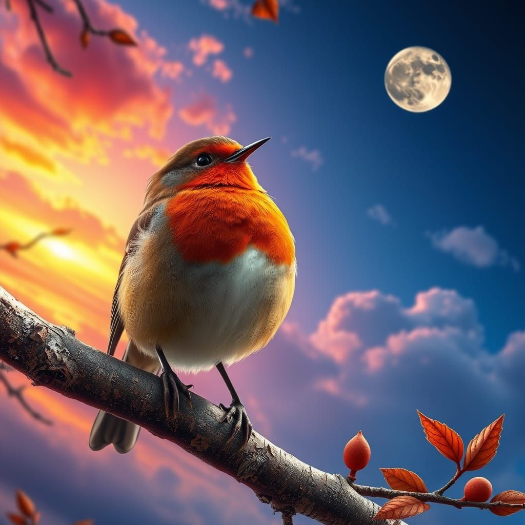 Robin Sings at Sunset: Hyperrealistic Digital Art