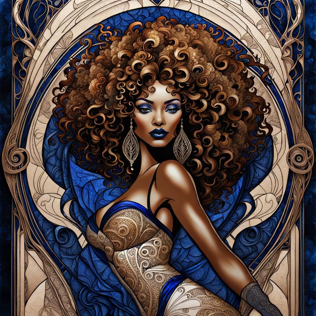 Art Nouveau Burlesque Dancer in Sapphire Ink