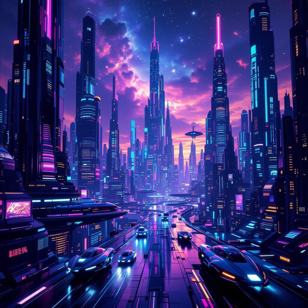 Abstract Alien Cityscape Pulsating with Iridescent Light