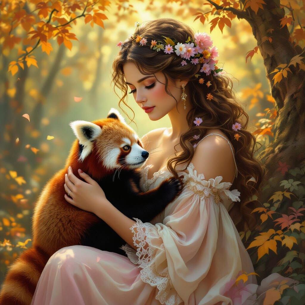 Woman Embraces Red Panda in Enchanted Autumn Forest