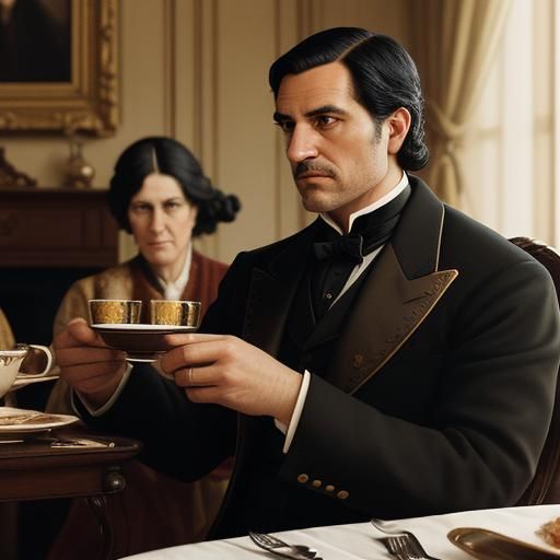 a 32 y.o. man like a claude from gta iii with black hair and brown eyes, dressed in evening clothes of the early 20th ce...