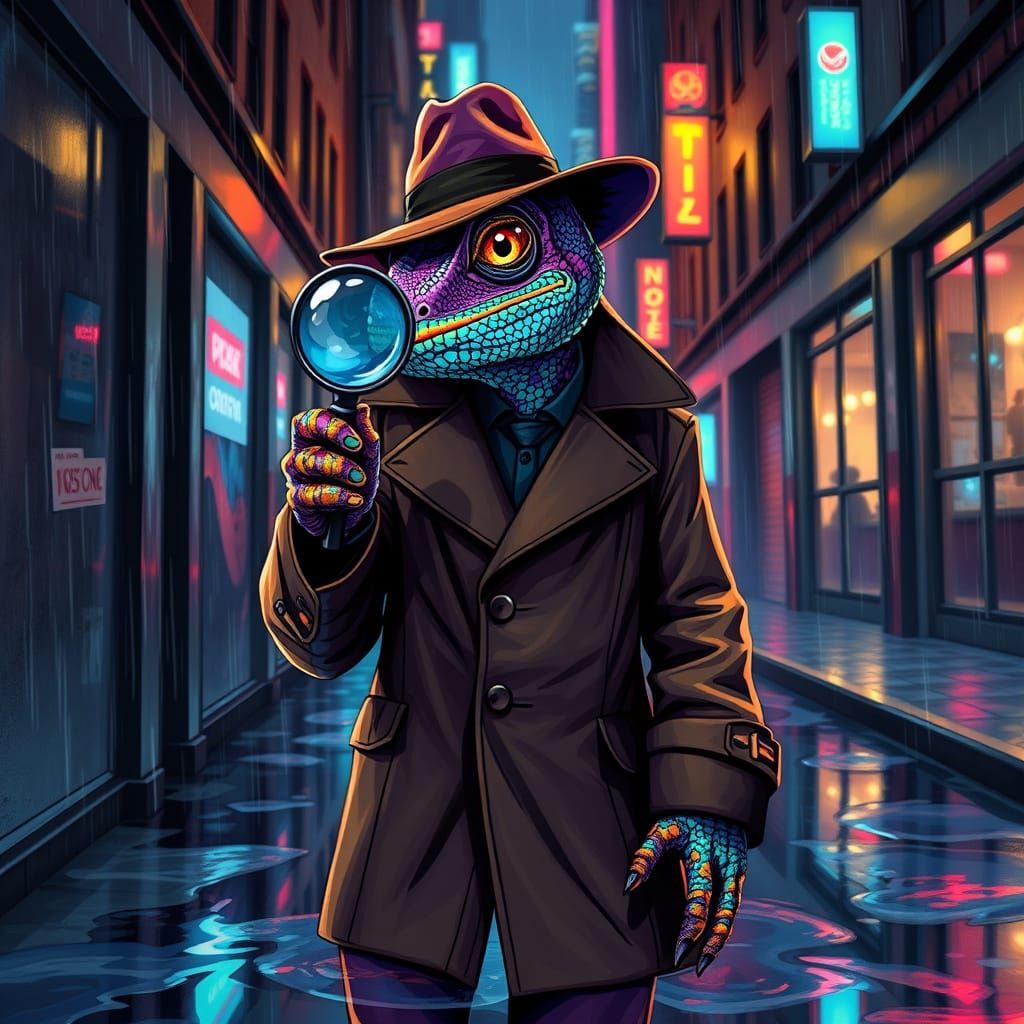 Liquid Neon Chameleon Detective in Noir Alley