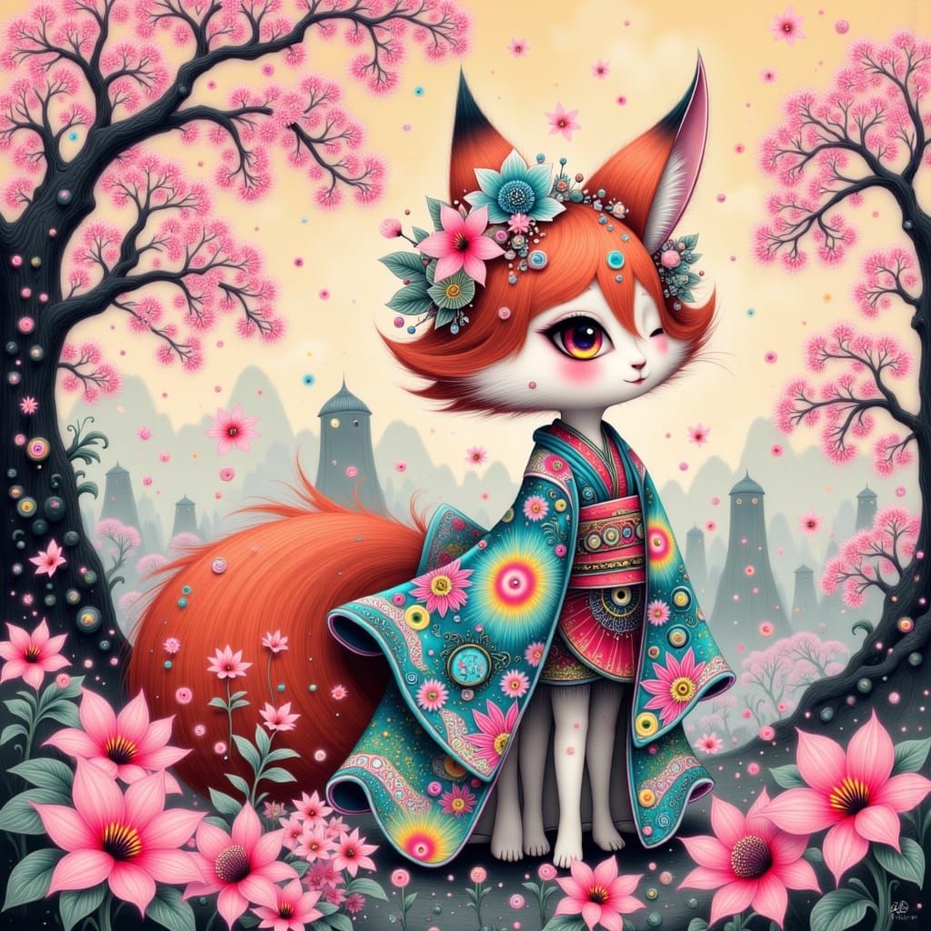 Kitsune Deity in Japanese Landscape