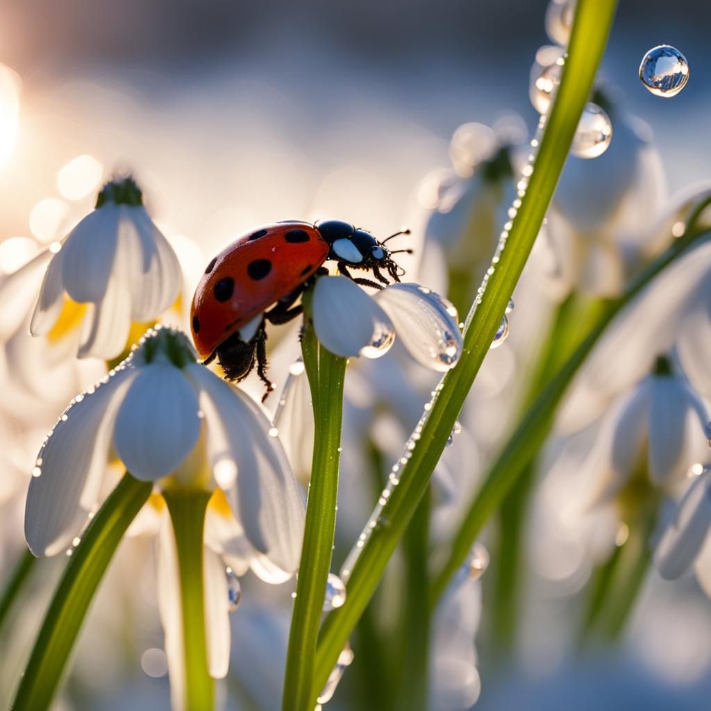 Ladybug and Snowdrops in Glistening Dew