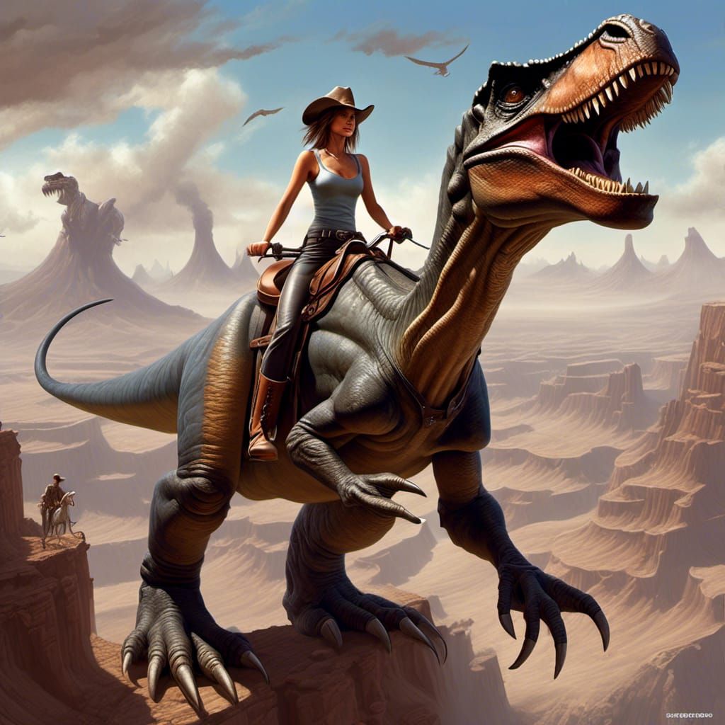 Cowgirl Rides Dinosaur in Airbrush Style