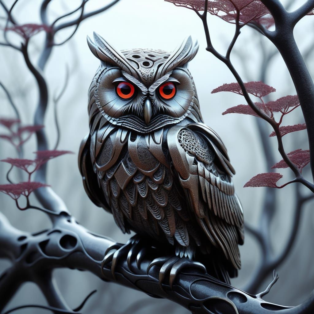 Biomechanical Ruby Owl on Branch in Misty Forest