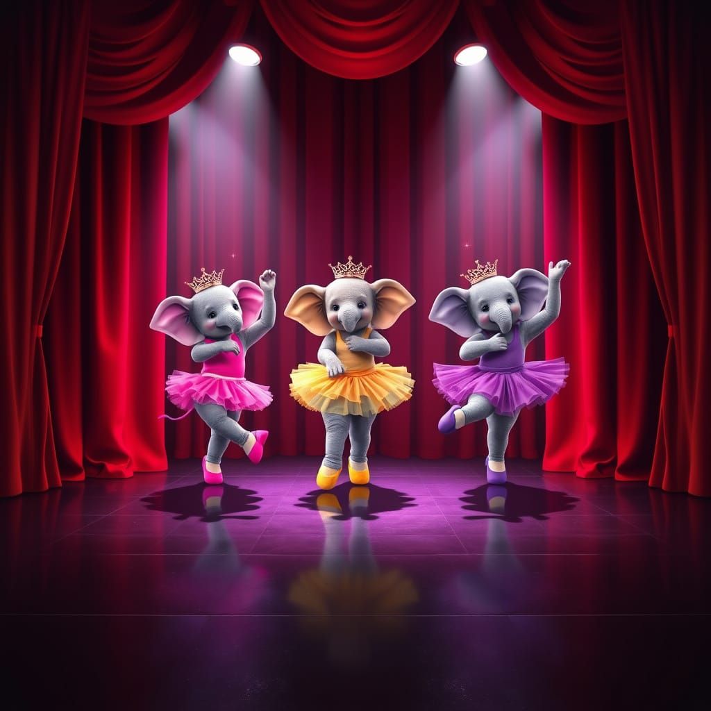 Baby Elephants Dancing Ballet on Stage in Neon Style