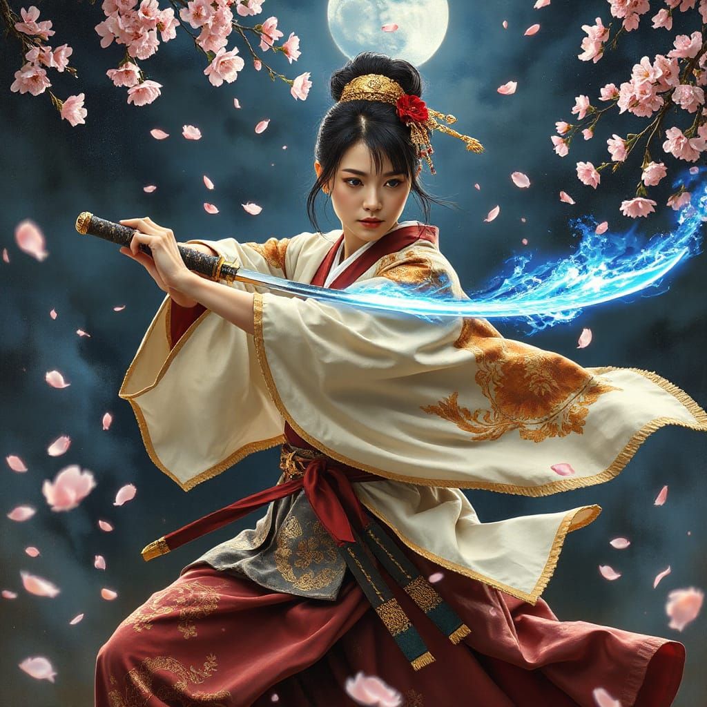 Mature Samurai Lady Unleashes Electrical Sword in Cherry Blo...