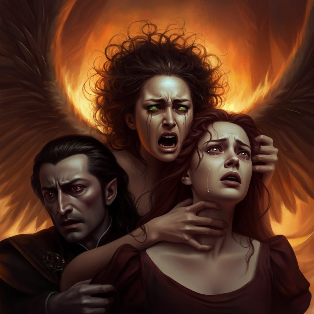 Furious Goddess Grasping Neck in Dark Fantasy Scene