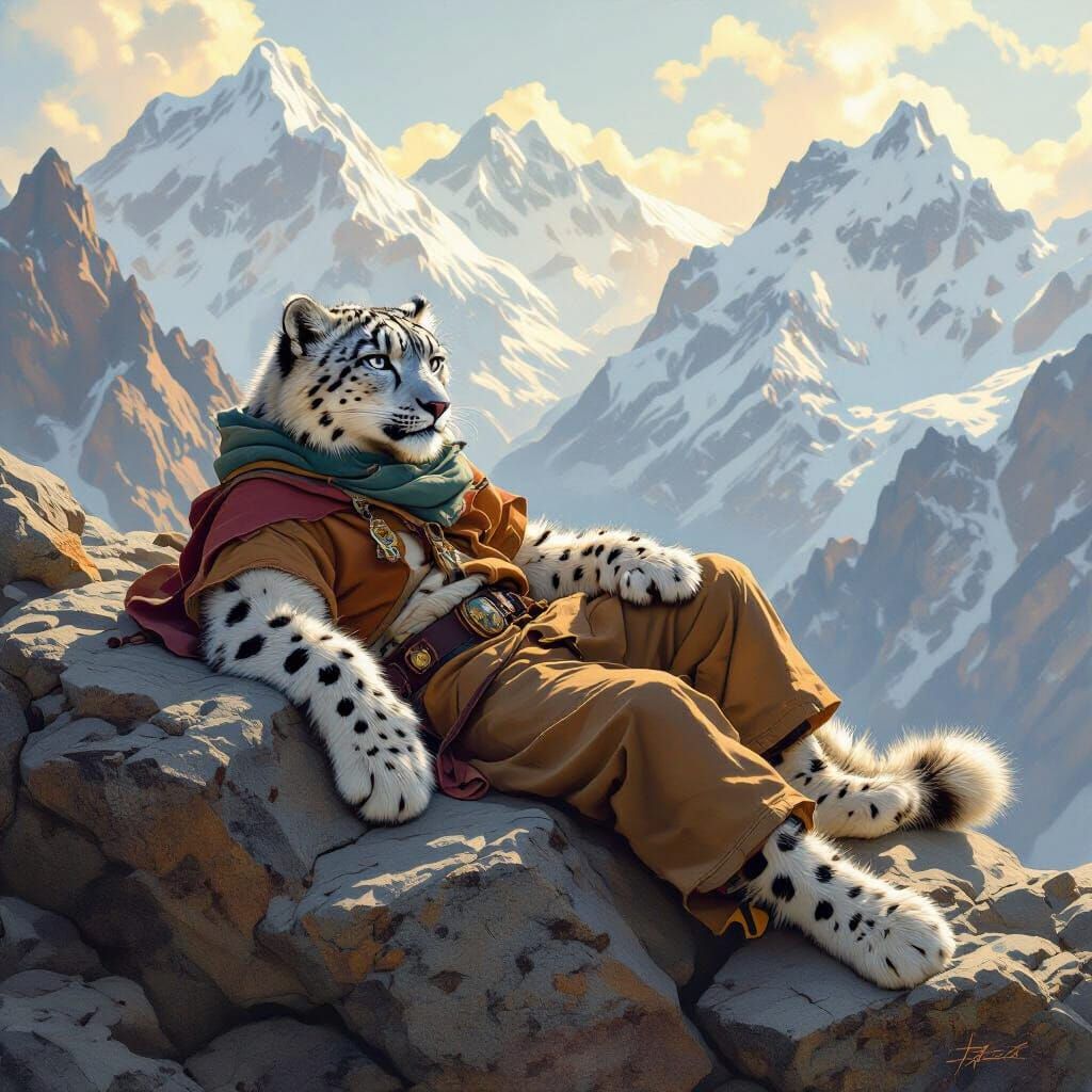 Snow Leopard Lounging on Himalayan Peaks in Ethereal Light