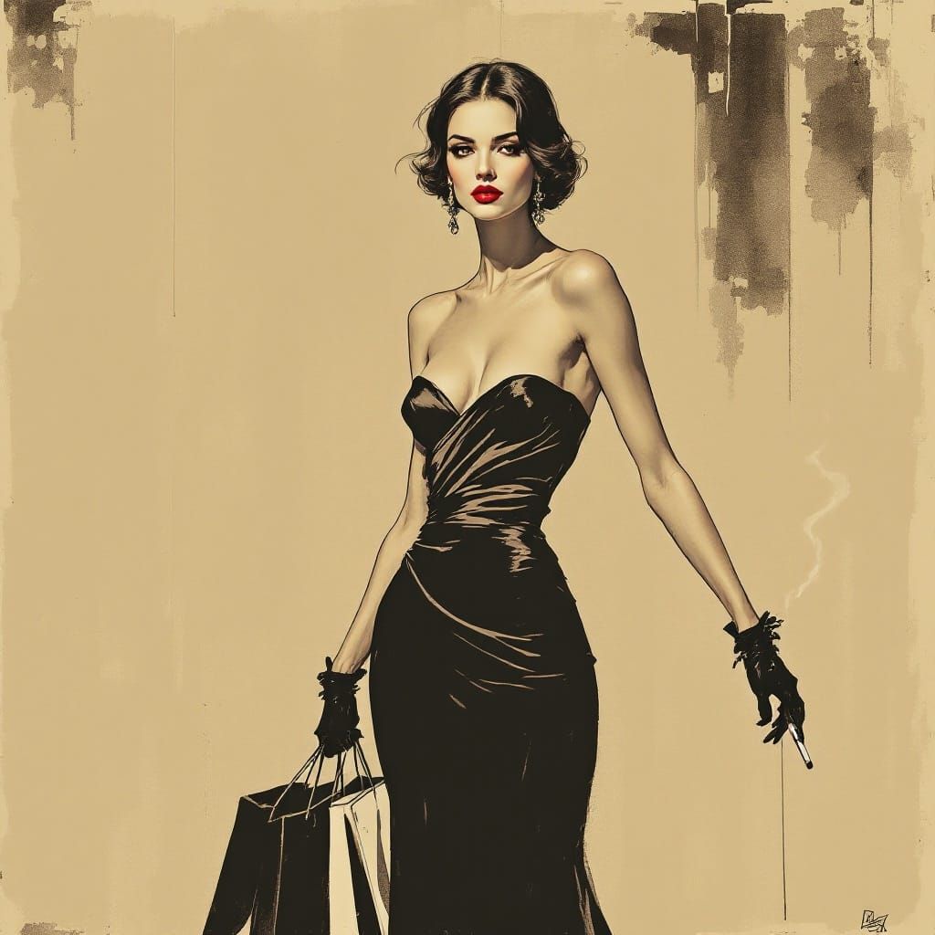 Elegant Woman in Flowing Gown, Charcoal Drawing Style