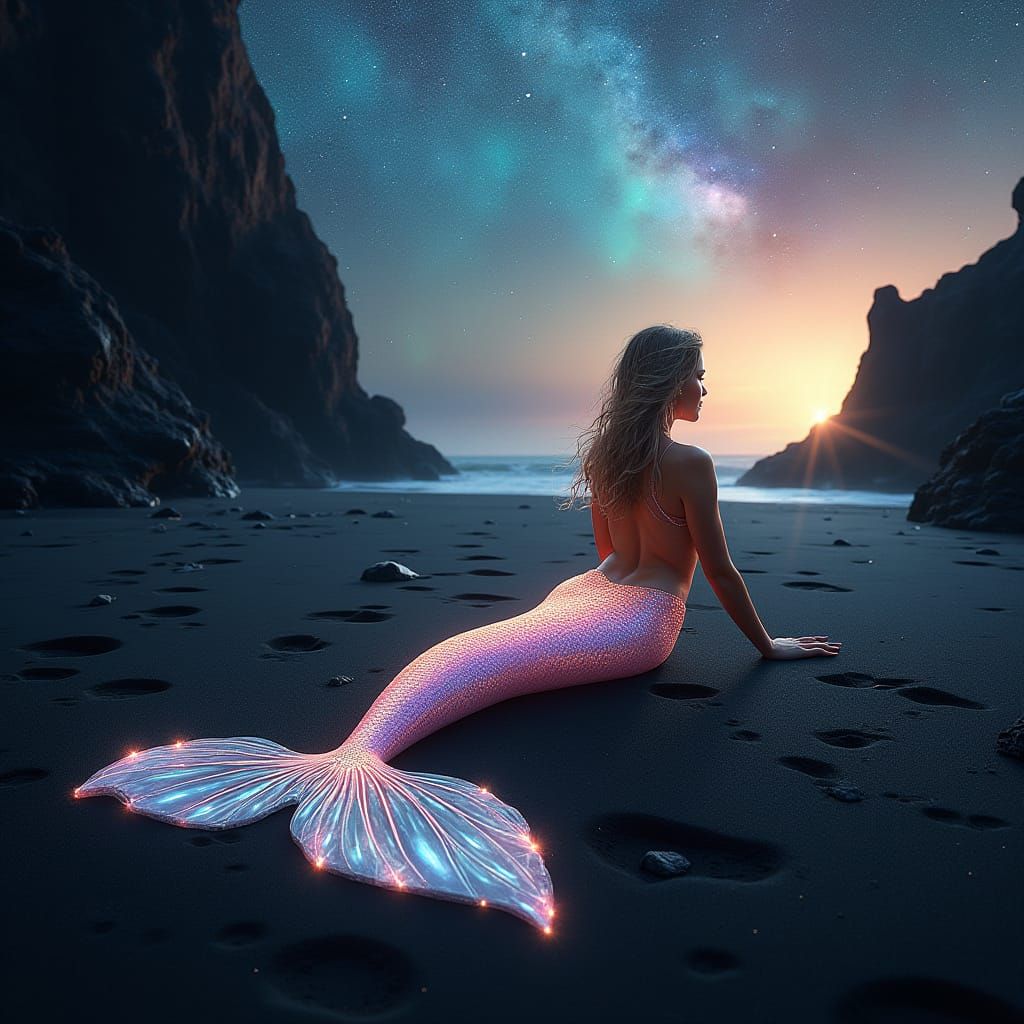 Celestial Siren on Volcanic Beach at Sunset