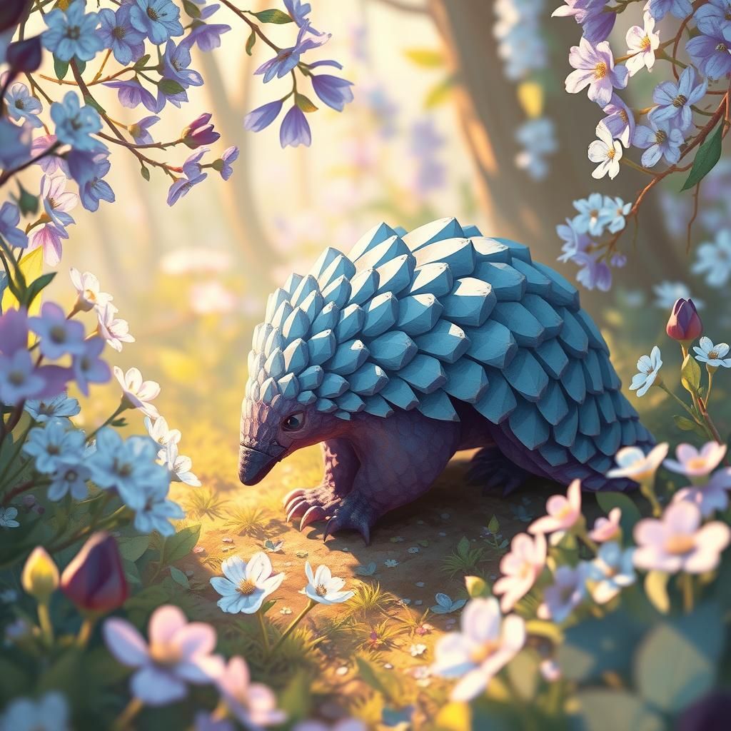 Mystical Pangolin in Ethereal Forest, Cel-Shaded Illustratio...