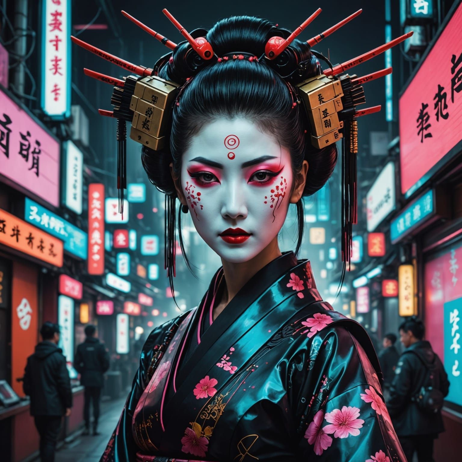 Cyberpunk Geisha in Neon Dreamscape
