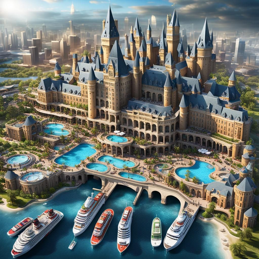 Detailed Cityscape with Cruise Ships and Hogwarts