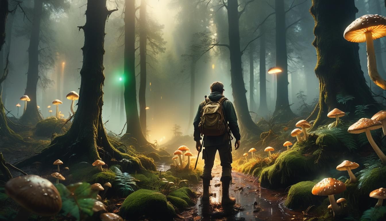 Adventurer in Mystical Forest During Storm