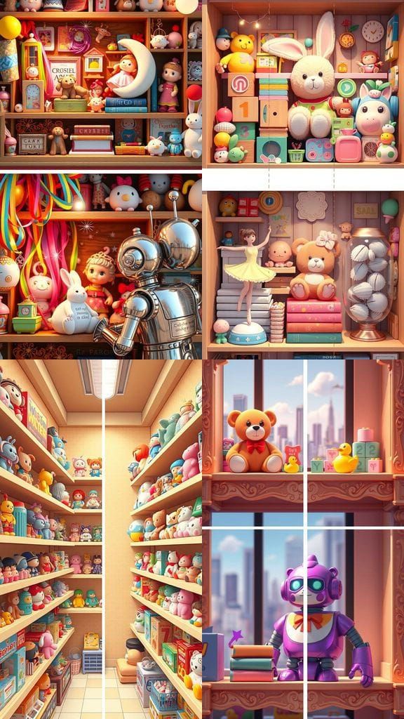 Vibrant Cartoon Toy Shop Scenes with Hidden Details