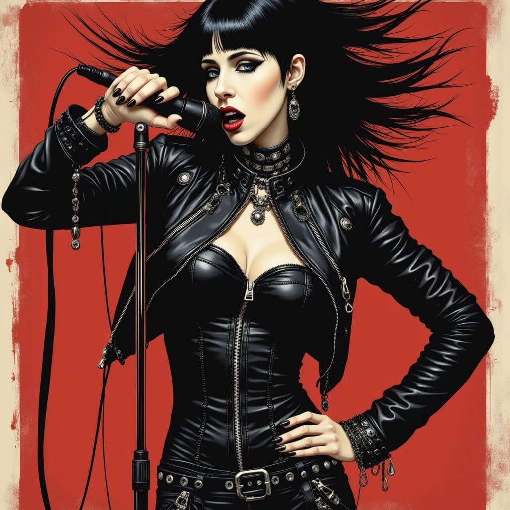 Punk Rockstar Woman in Leather Bodysuit Poster