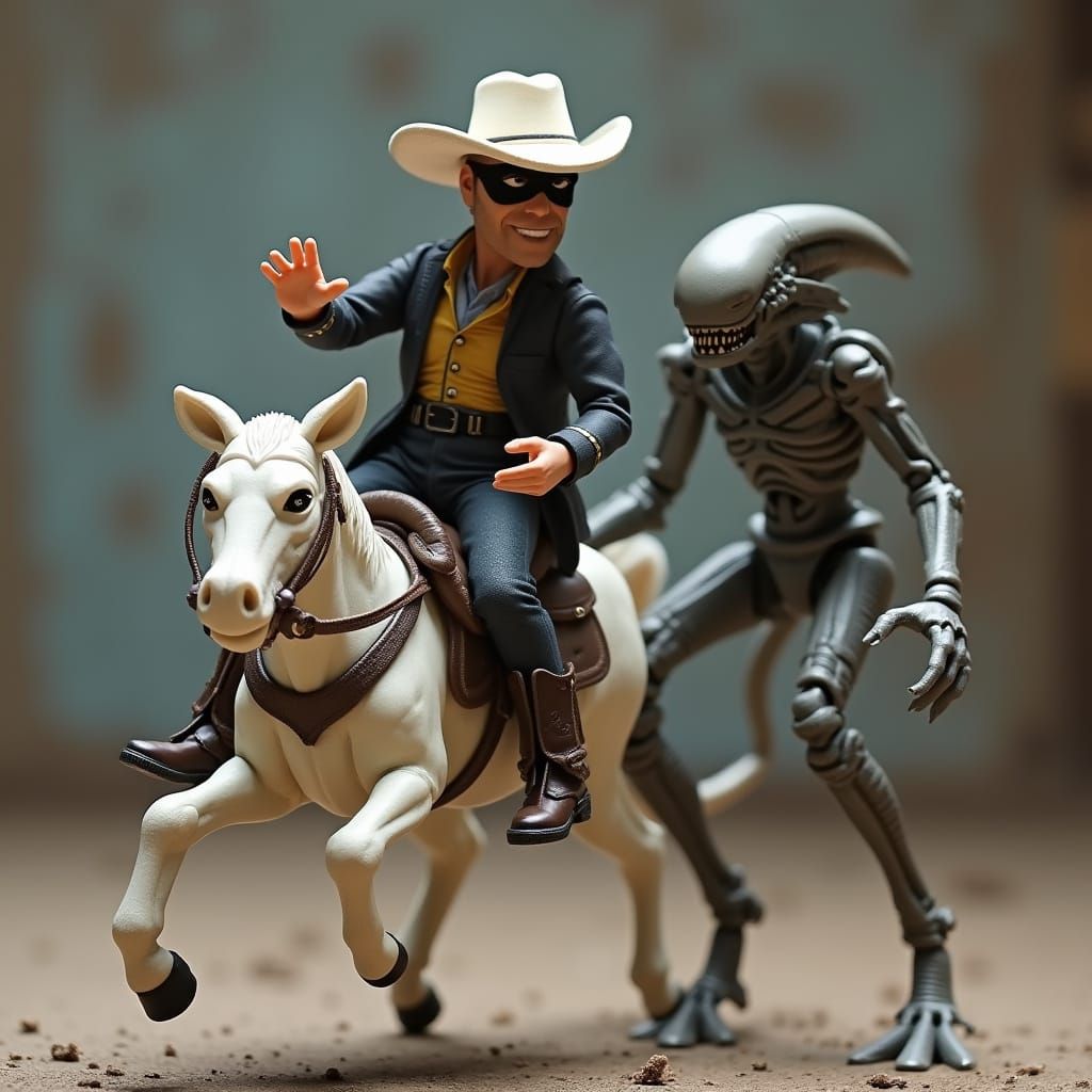 A Lone Ranger doll in a black eye mask and white hat riding ...