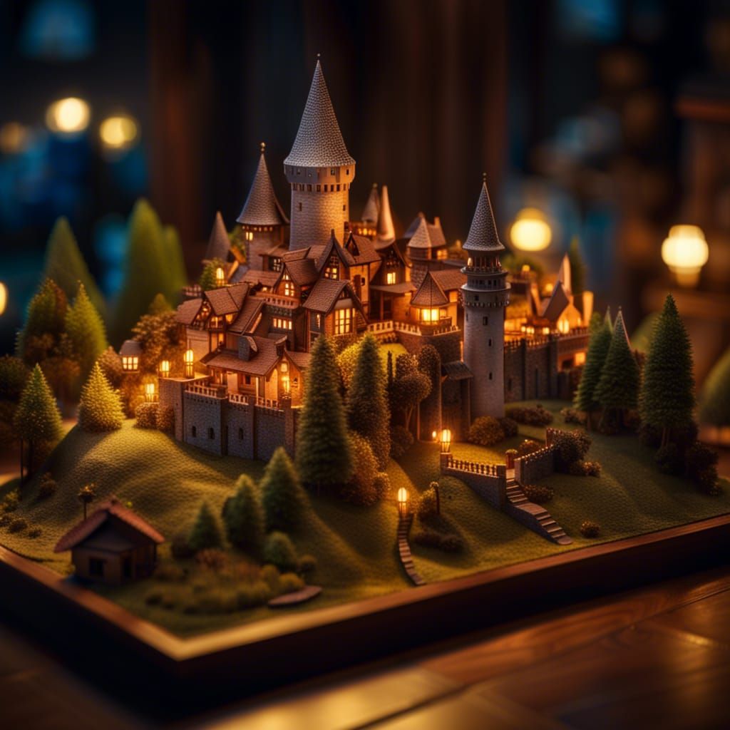 Glowing Medieval Castle Diorama on Wooden Table
