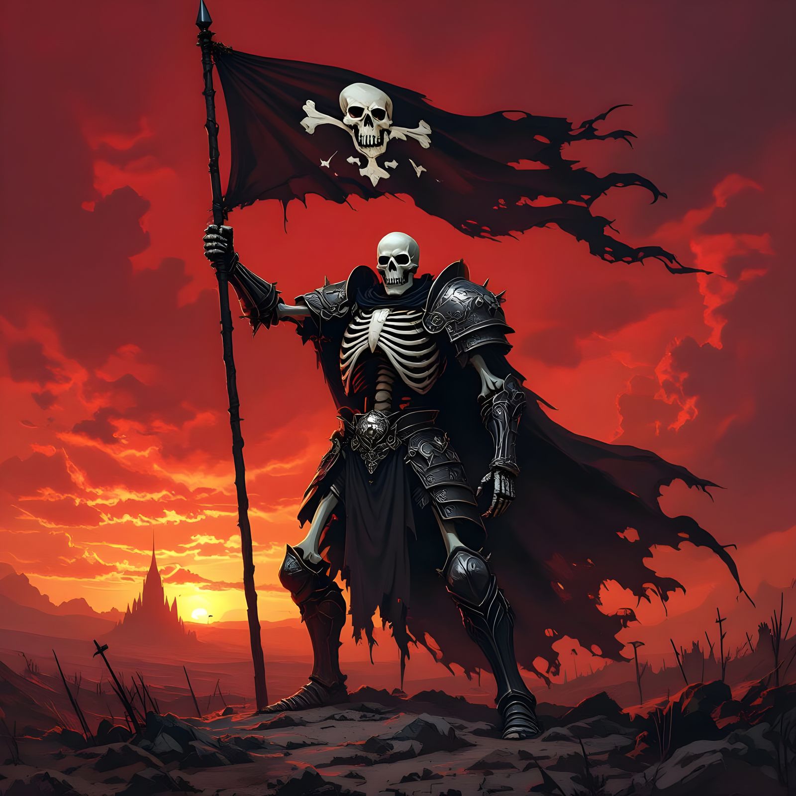 Skeleton Tyrant Raises Bone Banner on Blood-Red Horizon