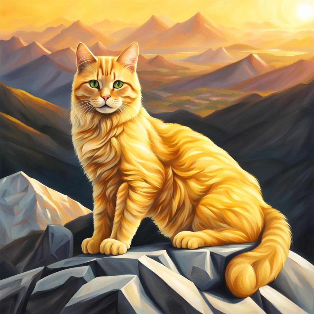 Crystal Cat on Mountain at Sunset: Hyperrealistic