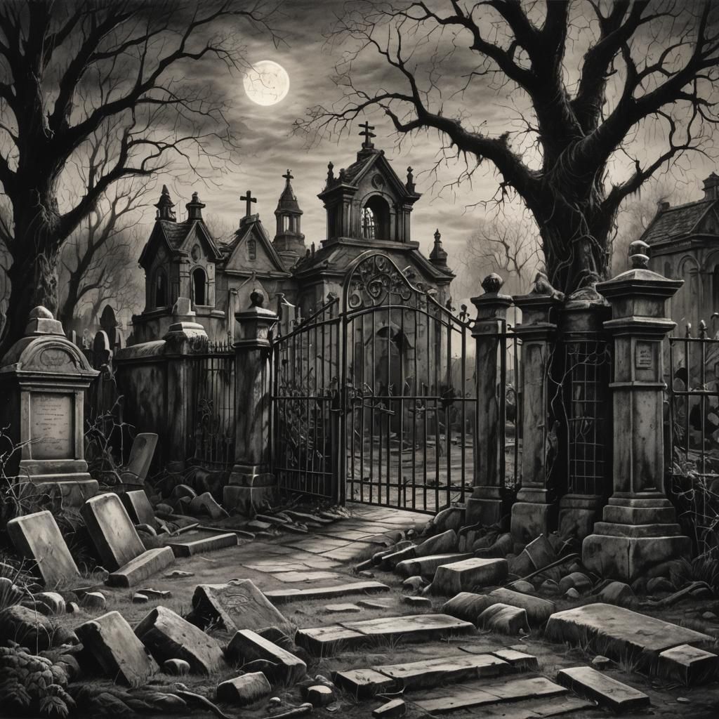 Abandoned Cemetery in Charcoal with Eerie Candlelight