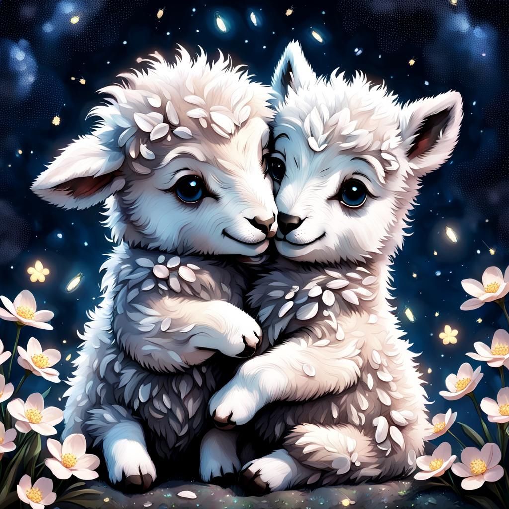 Cute Baby Sheep and Wolf Hugging: Digital Art
