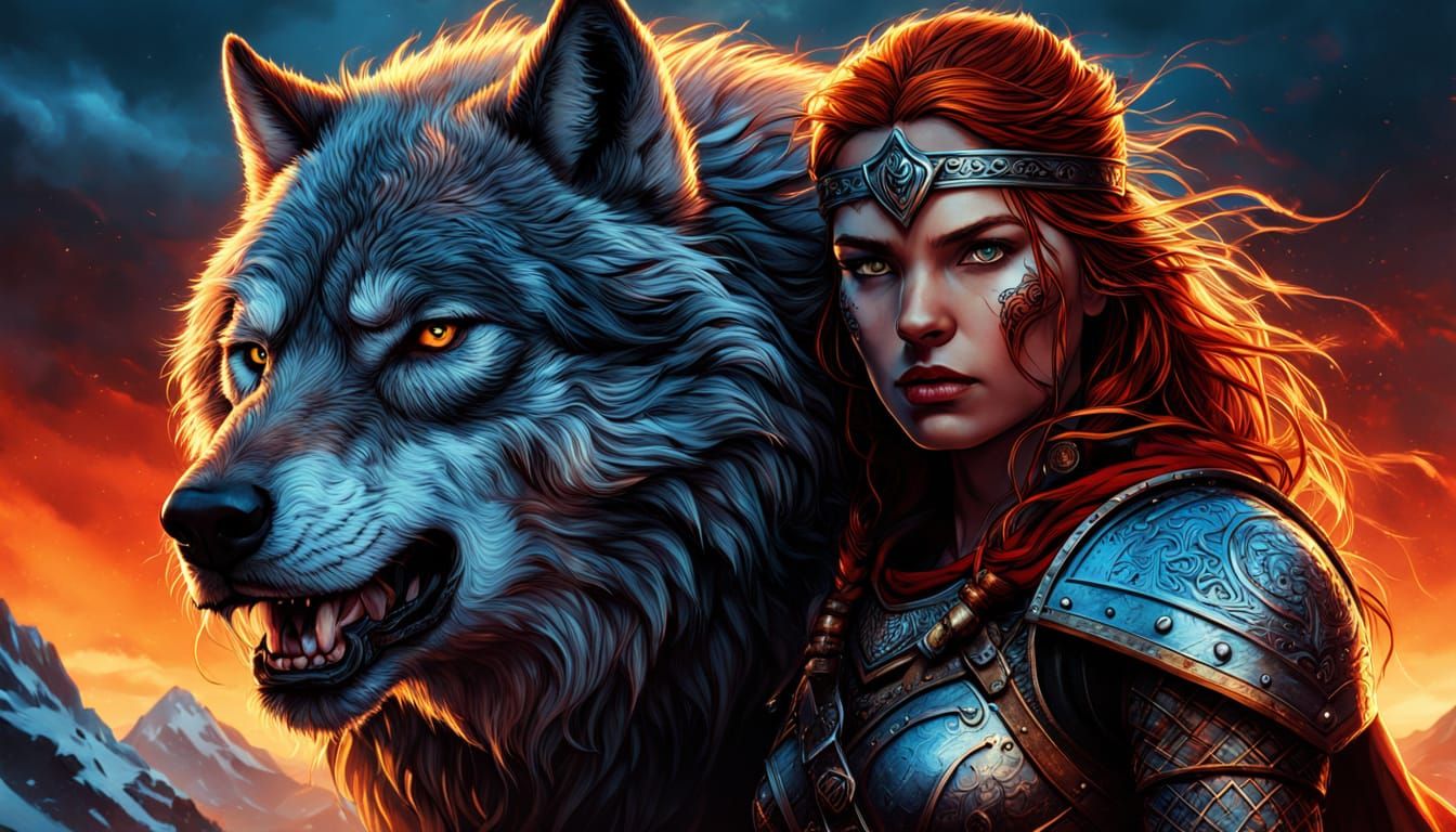 Viking Warrior Woman in Majestic Wolf's Presence, Airbrush A...