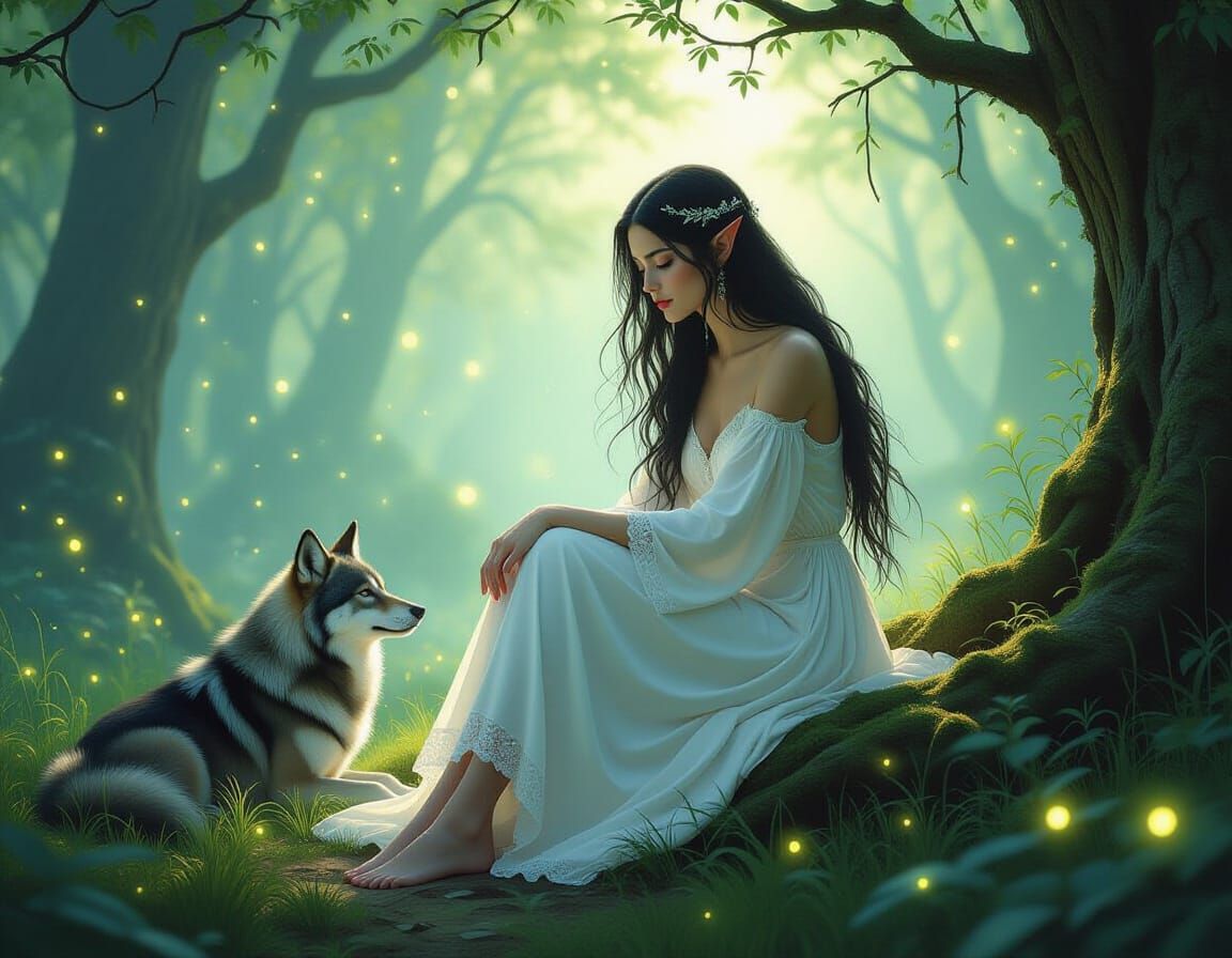 Elven Forest Dreamscape with Elf and Wolf Companion