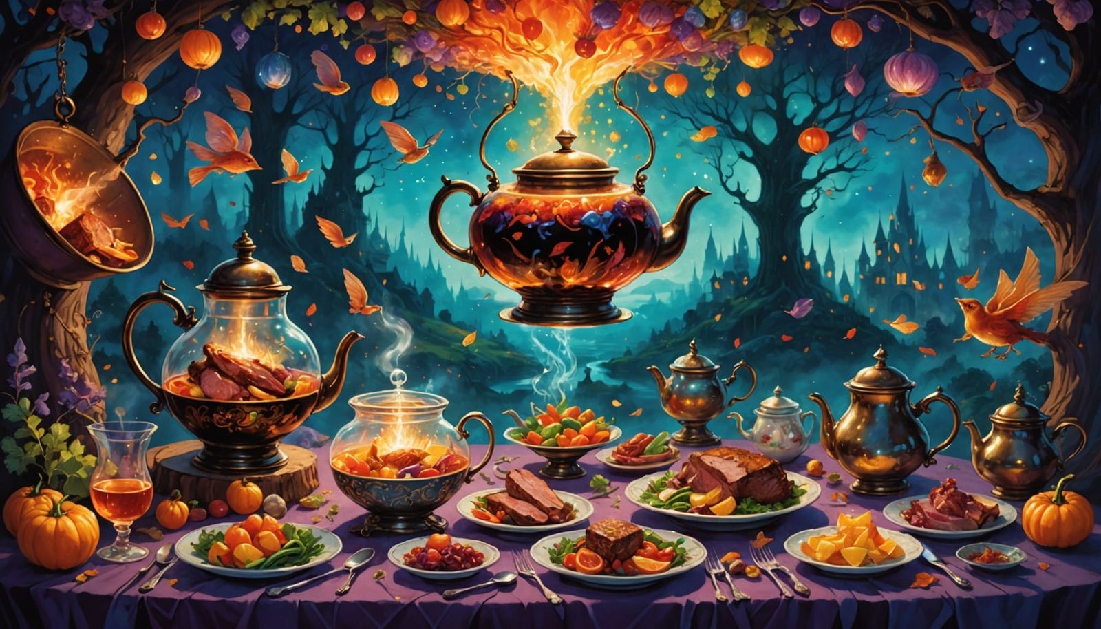 Whimsical Floating Feast in Dreamlike Fantasy Style