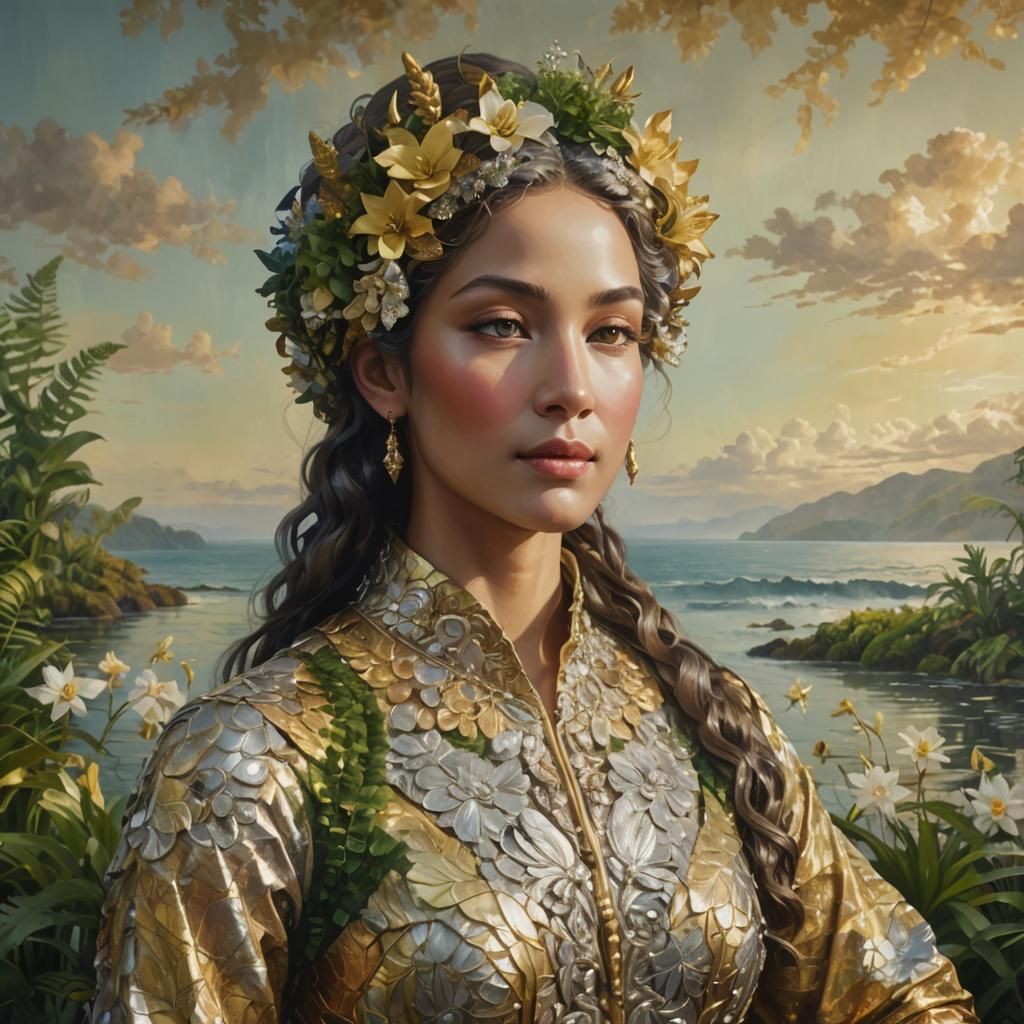 Golden Statues in a Vibrant Floral Kaleidoscope