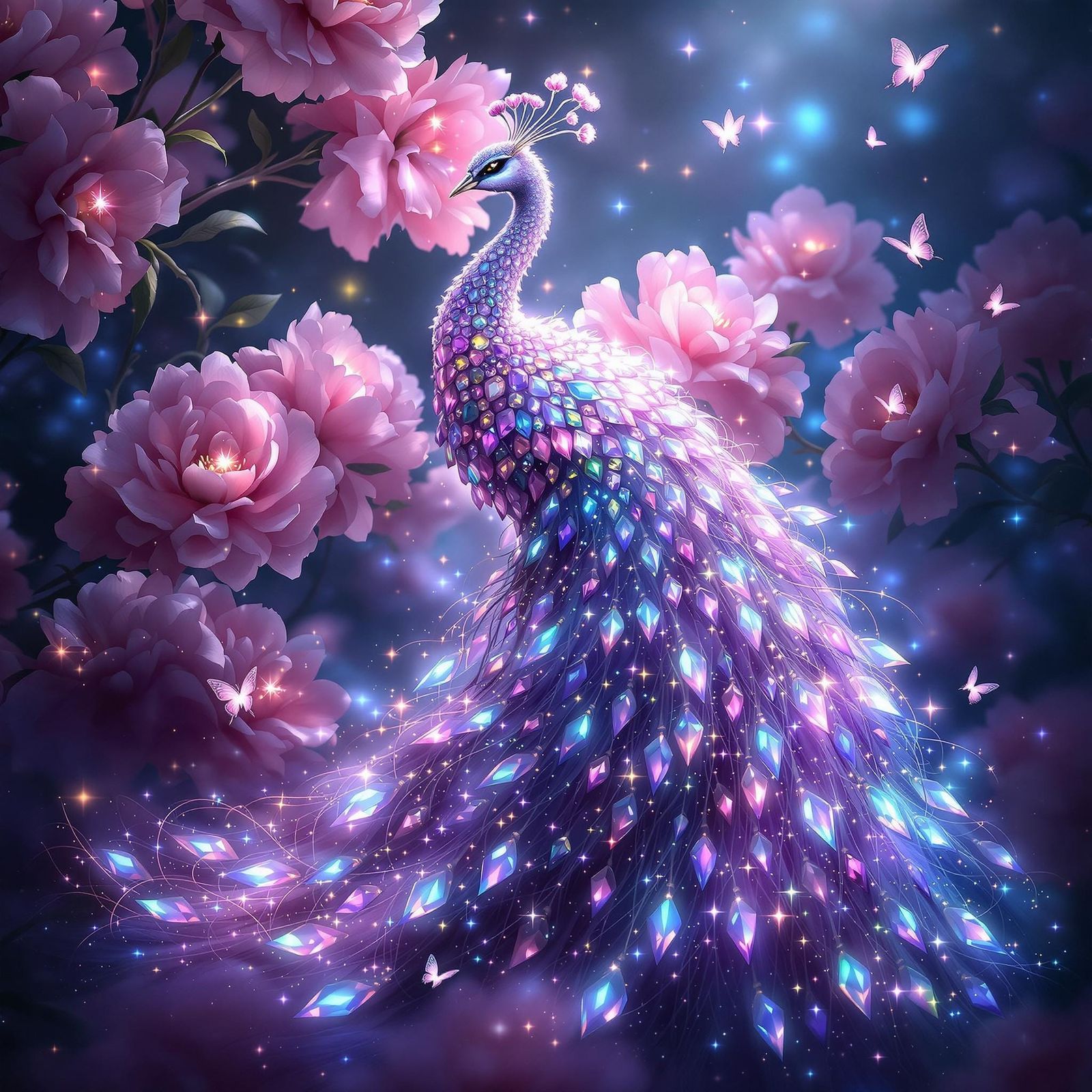 Ethereal Peacock Radiates Gemstone Beauty Amidst Whimsical B...
