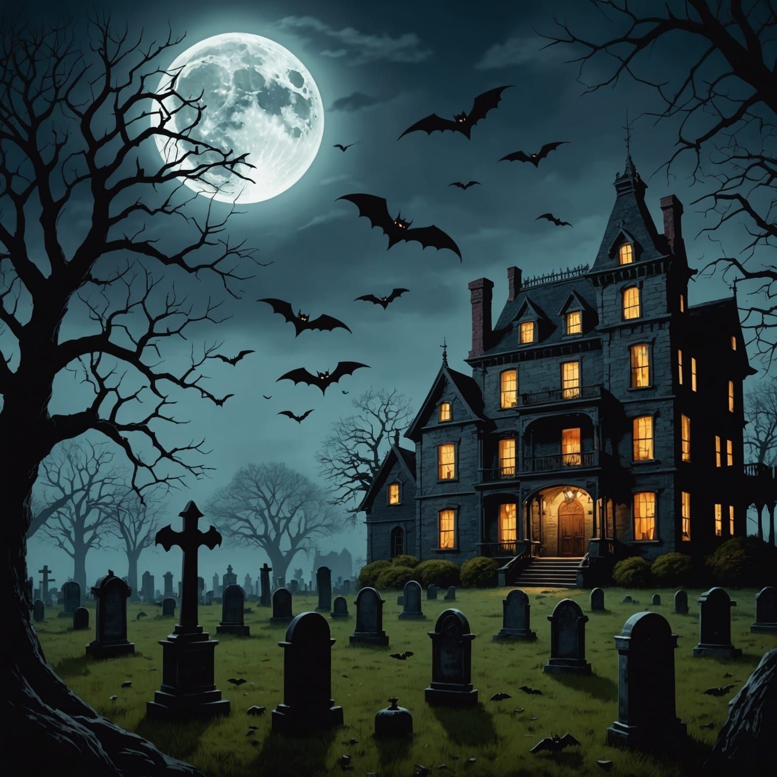 Haunted Mansion Graveyard with Ghosts and Bats