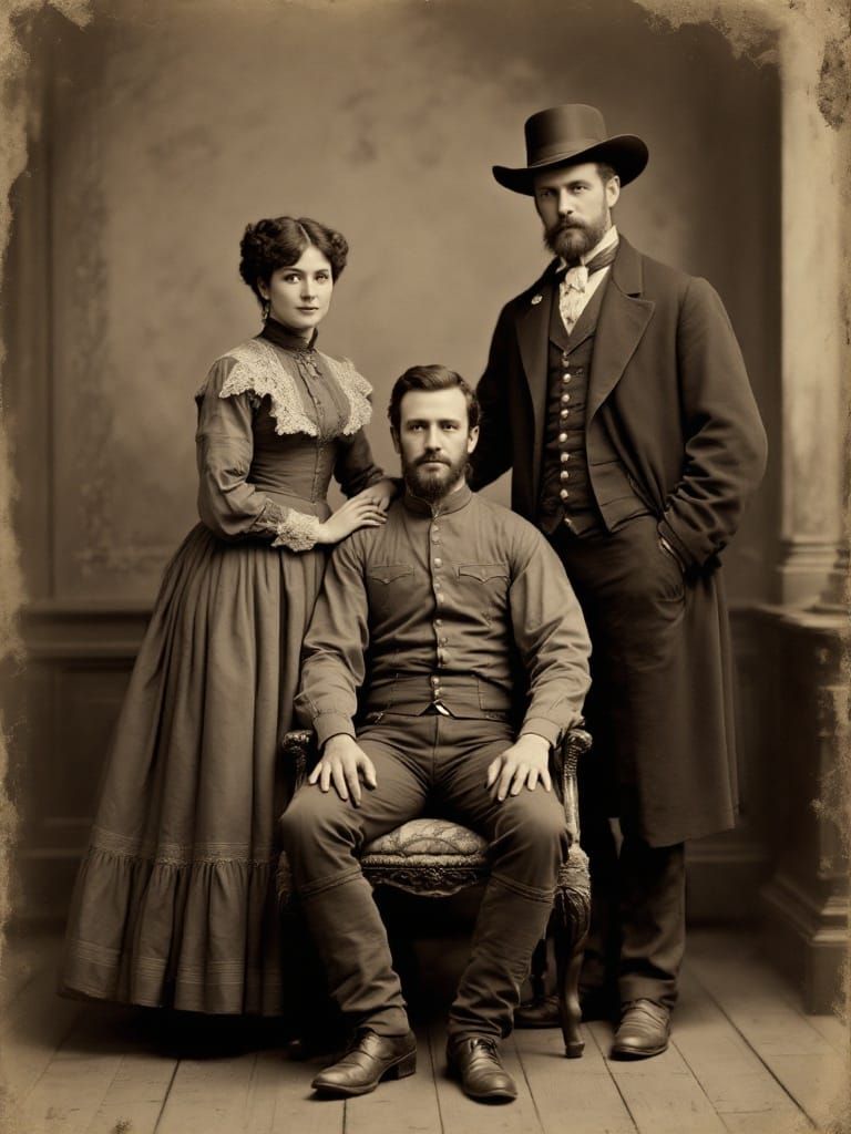 Vintage Western Throuple: 19th Century Sepia Portrait