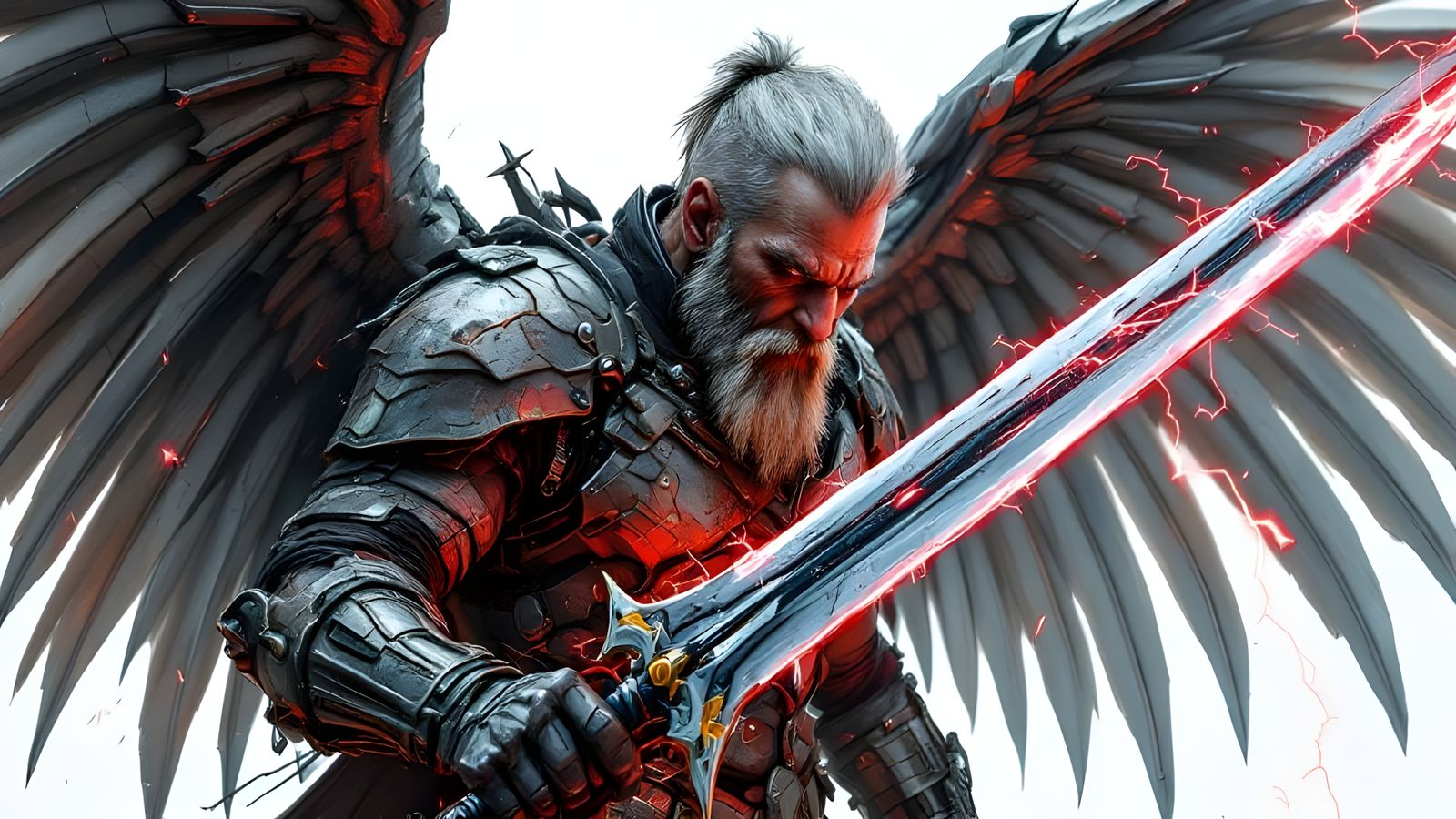 Cyberpunk Warrior with Mechanical Wings and Cybernetic Sword