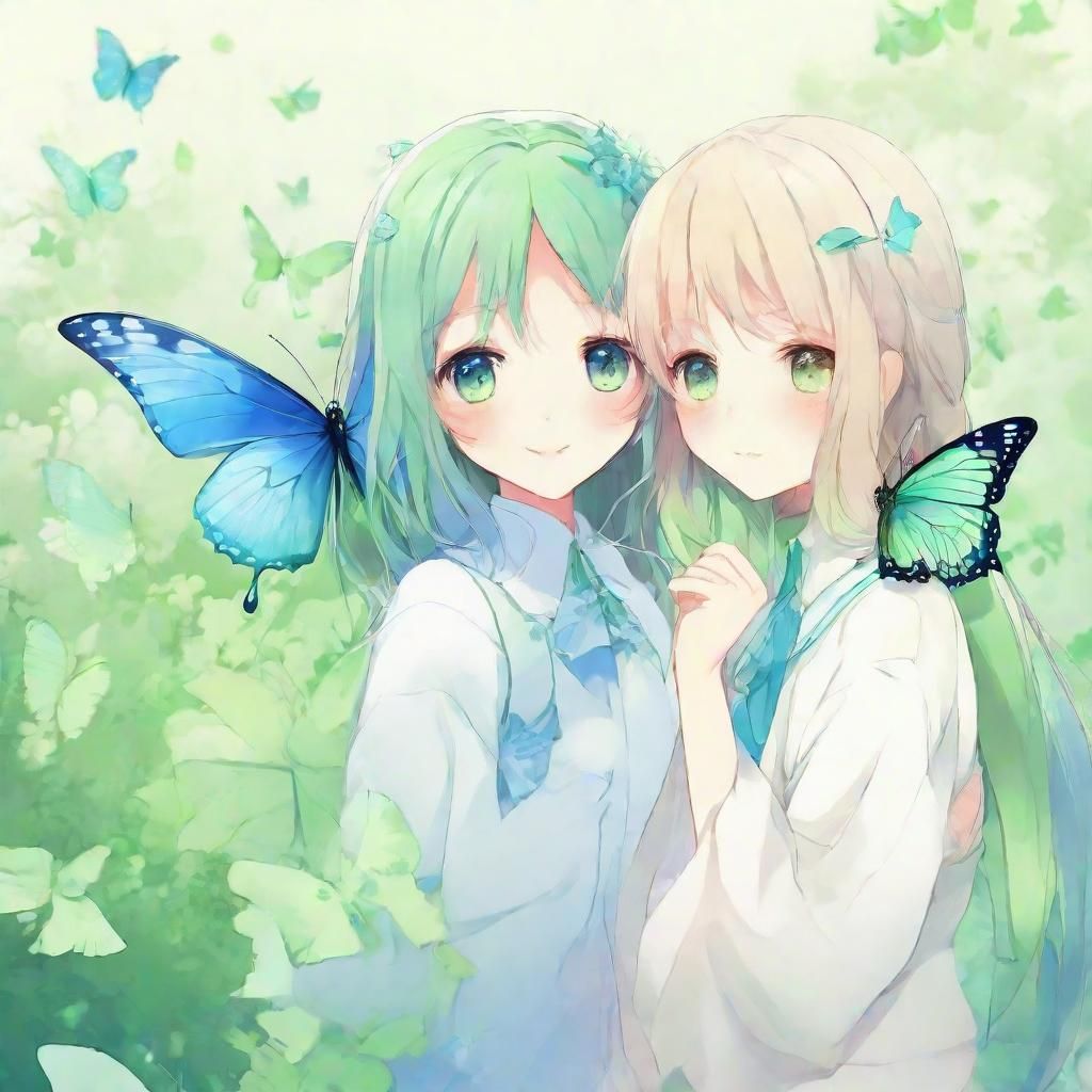 Green and Blue Butterflies in Anime Style
