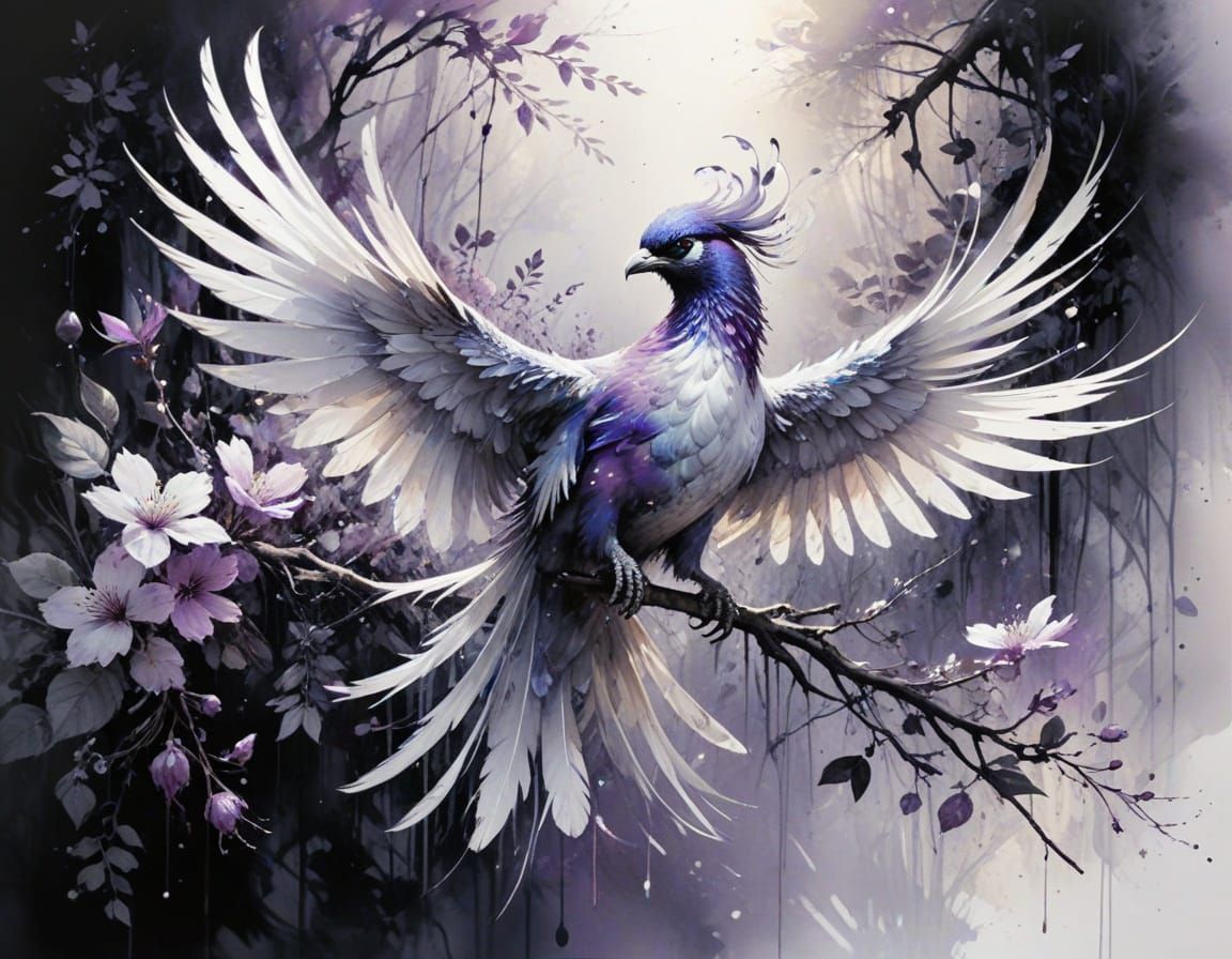 Violet Phoenix in Black and White Watercolour Landscape