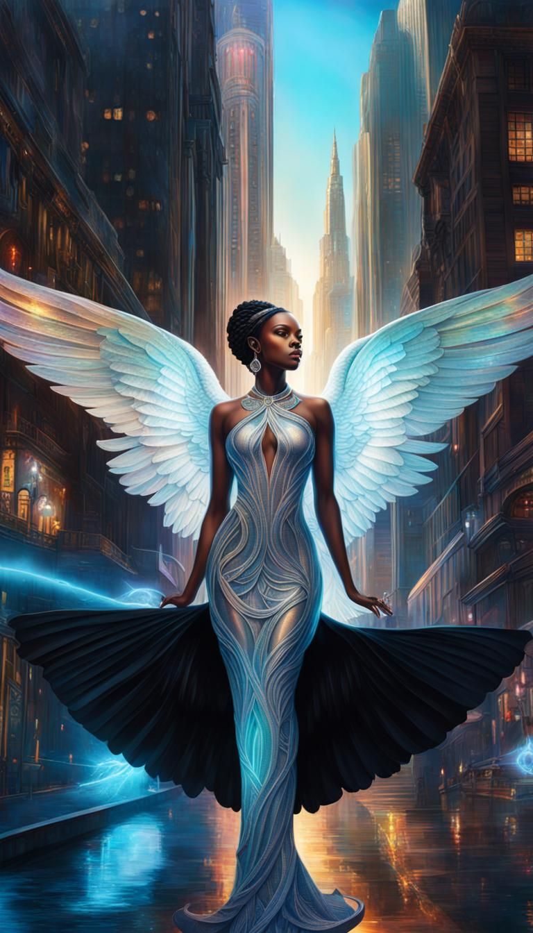 Holographic Angel Portrait in Dark Fantasy Style