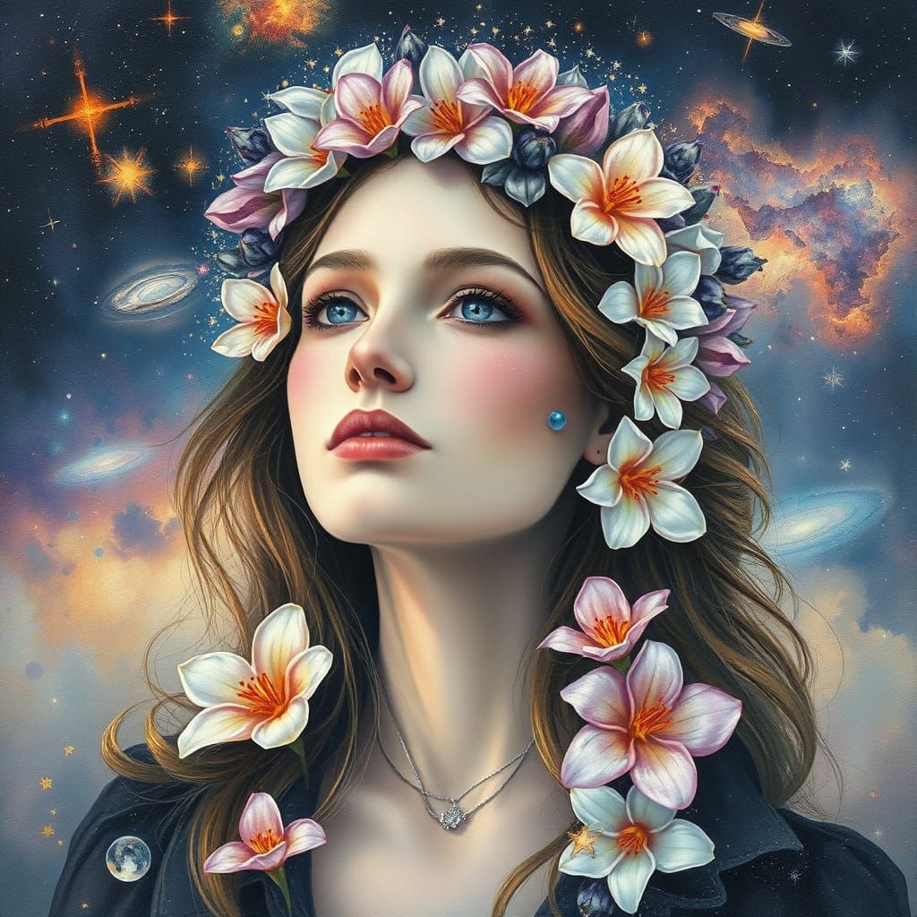 Mystical Woman Amidst Cosmic Flowers and Galaxies