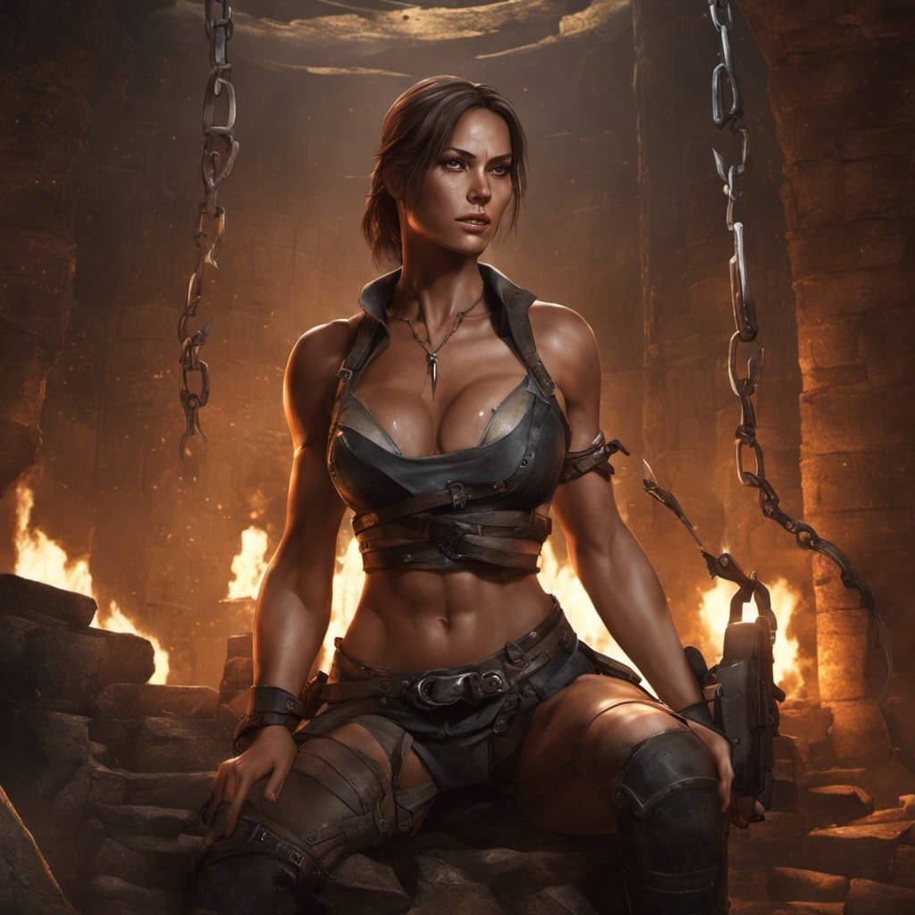 Lara Croft Captured: Detailed Render in Dark Fantasy Style