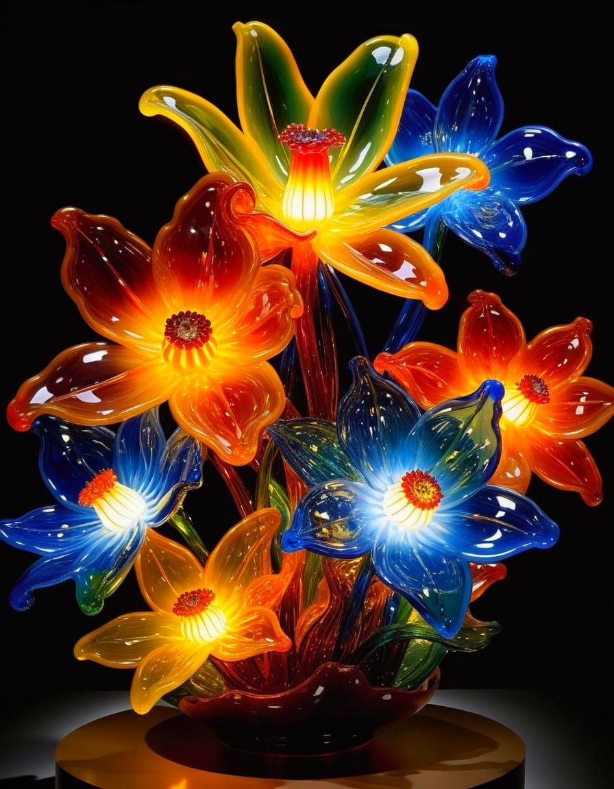 Illuminated Glass Flowers in Blown-Glass Style