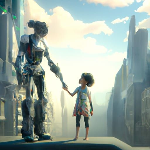 Boy and Android in Deserted City: Digital Painting