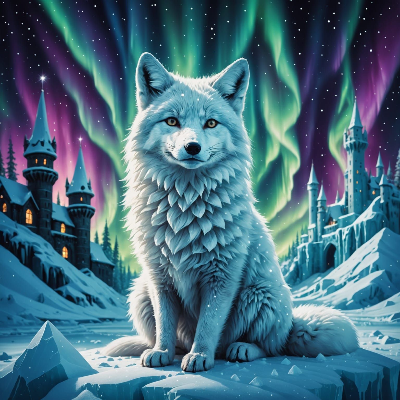 Arctic Fox in Crystal Castle Under Northern Lights
