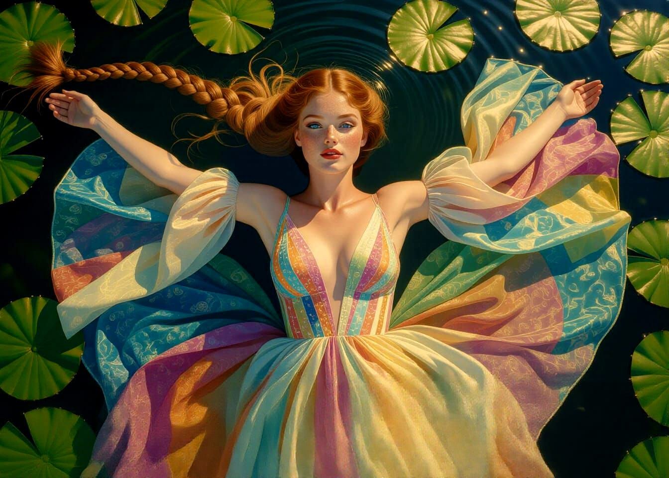 Woman in Water with Sheer Dress, Art Nouveau Style