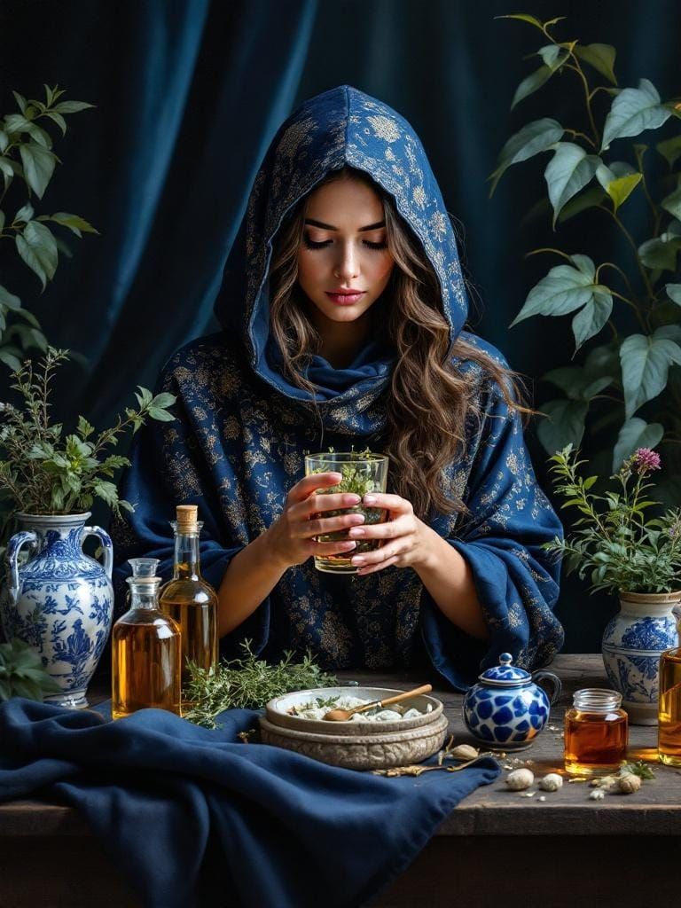 Alchemical Reverie: Woman with Herbs in Oil Painting Style