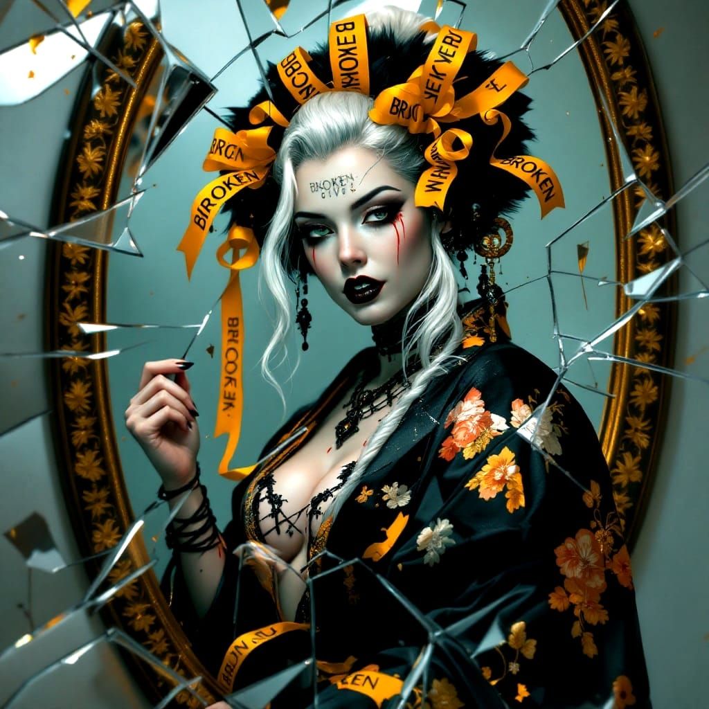 Sin City Vampire Geisha in Broken Art Deco Mirror
