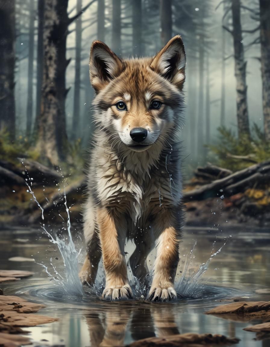 Wolf Cub Playing in Forest Puddle: Watercolor Illustration