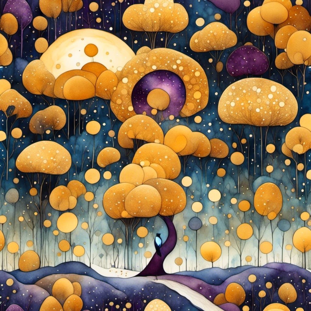 Liquid Ink Watercolor of Starry Sky Landscape