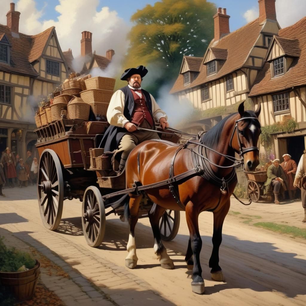 renaissance fancy fat merchant, dramatic cinematic action, a rich wagon is behind him, english village scenes, style Jam...
